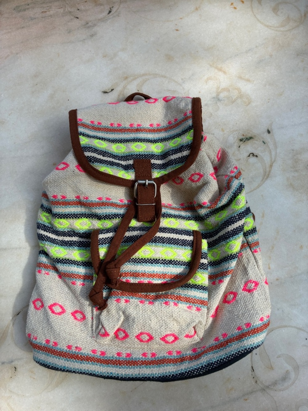 Neutral Canvas Backpack with Neon Pink & Yellow Accents